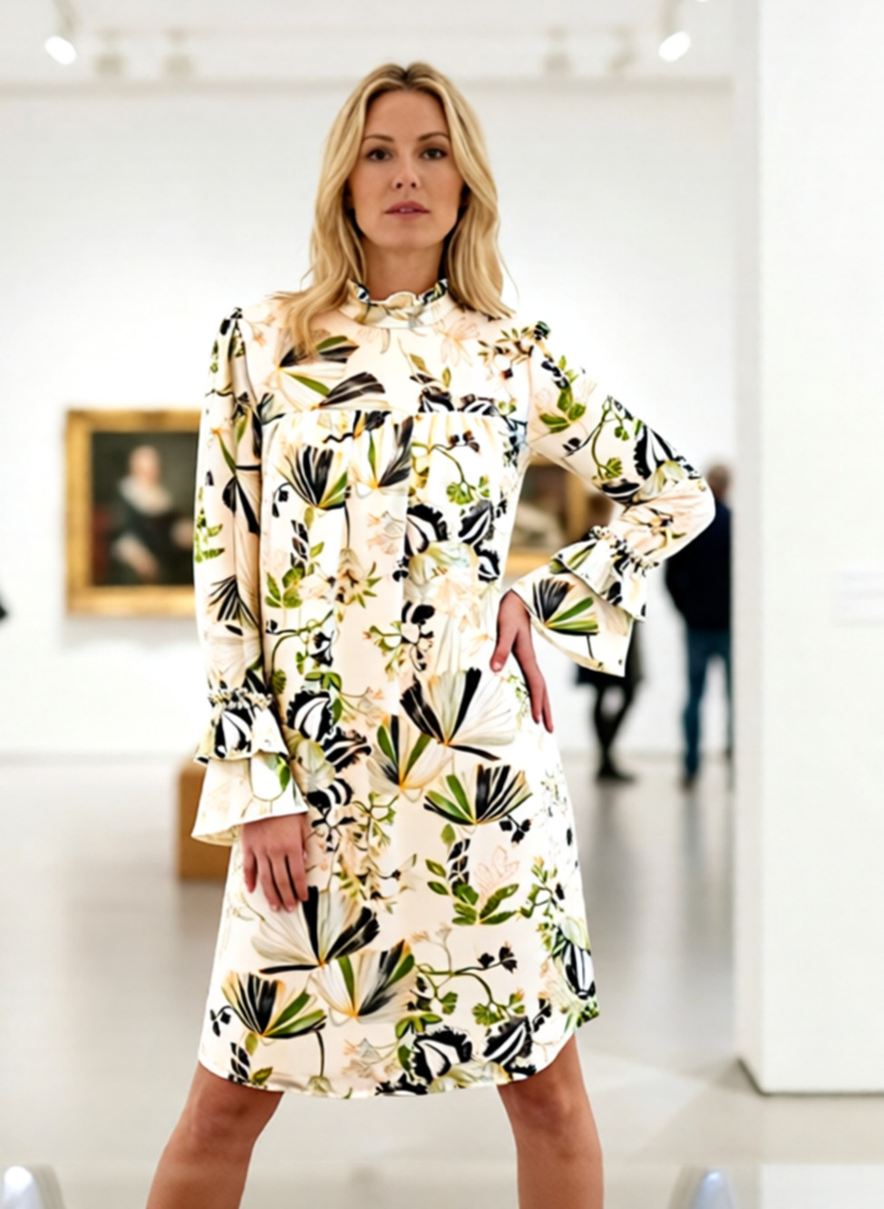 Kaari Blue Green and Cream Lined long Bell Sleeve Dress S